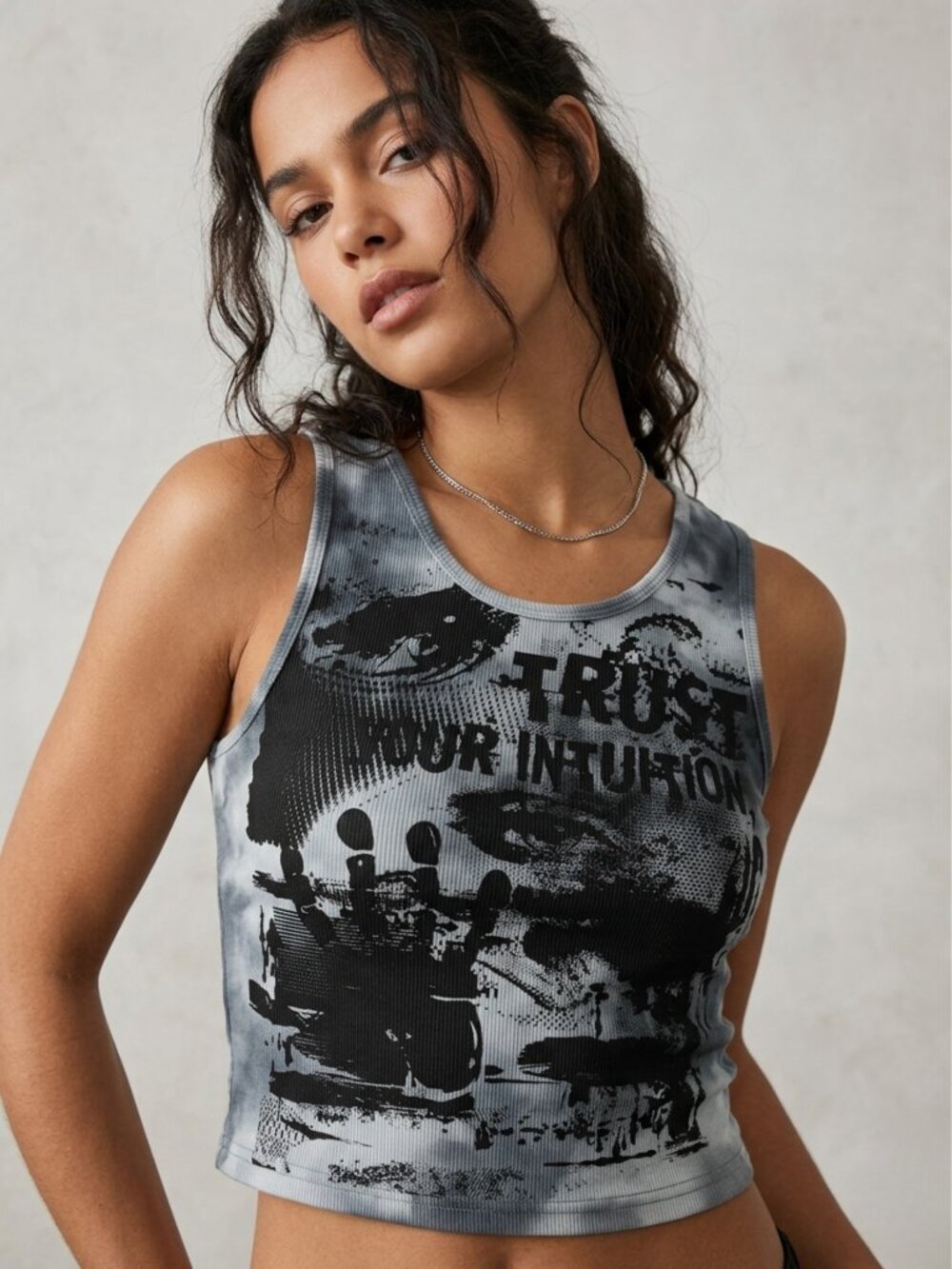 Trust Your Intuition Graphic Tie Dye Ribbed Crop Tank Top  M